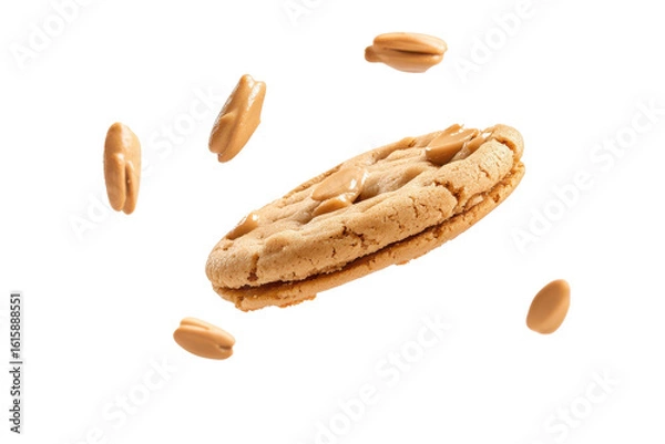 Fototapeta Delicious almond cookies and crumbs flying in the air isolated on transparent background. Peanut butter floating cookies isolated on white background.
