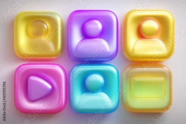 Obraz Innovative digital interface showcasing colorful translucent social media buttons representing user engagement and modern communication in an artistic composition