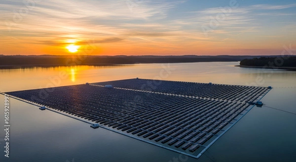 Fototapeta Giant floating solar farm in the middle of a serene lake, sunset reflections 