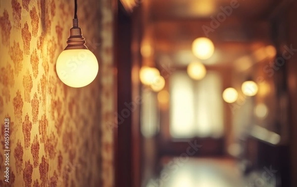 Fototapeta Bright Christmas lights adorn a dark room's interior, creating a blurred bokeh of festive decoration and a warm night glow