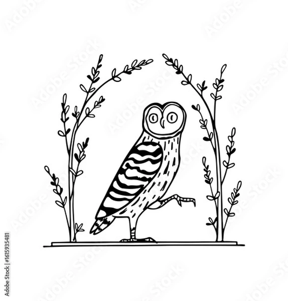Fototapeta Vector card with hand drawn gorgious owl in graceful floral arch. Ink drawing, decorative graphic style. Beautiful wildlife design elements, logo template
