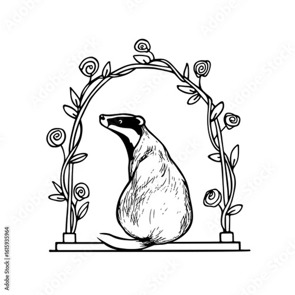 Fototapeta Vector card with hand drawn sweet badger in graceful floral arch made with ink. Perfect design elements, animal illustration