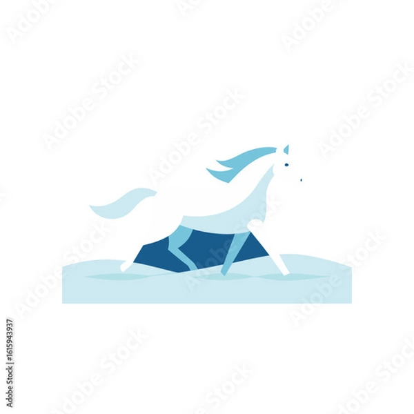 Fototapeta white horse running through a snowy field