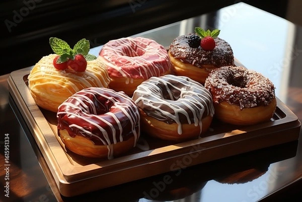 Fototapeta Wooden Tray With Iced Cronuts. Freshly baked cronut - flaky croissant-doughnut hybrid