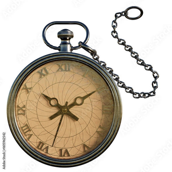 Obraz Antique silver clock with chain on transparent background. 3d Render	