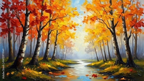 Fototapeta Autumn park with bright orange and yellow trees reflecting in calm water, peaceful seasonal vertical wallpaper. Generative AI.