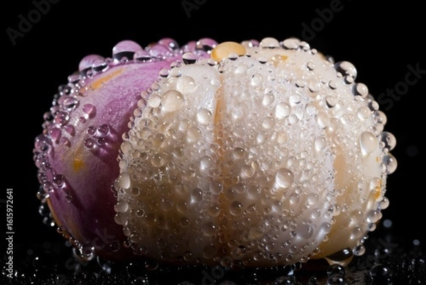 Obraz Close up of a colorful flower bud covered in sparkling water droplets