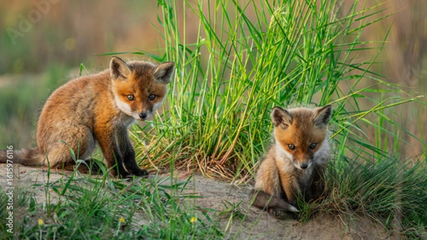 Fototapeta Red Fox cubs (Vulpes vulpes) playing on green grass