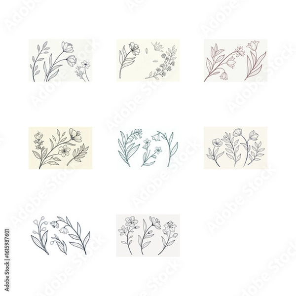 Fototapeta Minimalist Botanical Line Art Collection with Delicate Floral and Leaf Designs