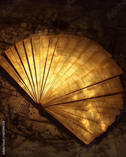 Fototapeta Wooden fan-shaped lamp illuminated, on a dark surface.