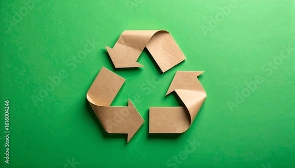 Fototapeta Recycled Paper Recycling Symbol on Green Background