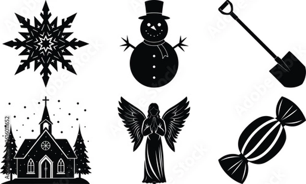 Fototapeta Vector art of a collection of christmas and winter icons including a snowflake, snowman, shovel, church, angel, and candy isolated on transparent background