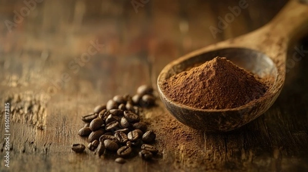 Fototapeta Coffee beans with cinnamon powder in rustic spoon on wooden table for beverage or cafe food concept
