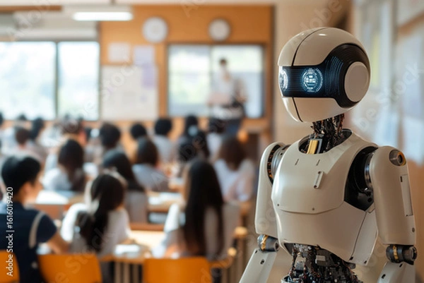 Obraz Robot teacher in a classroom students learning AI technology future education