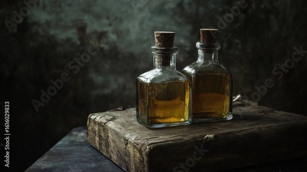Obraz Vintage glass decanters with whiskey on wooden box for elegant bar scene branding liquor product photography