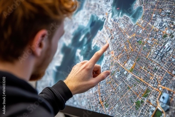 Fototapeta A person points at a detailed digital map on a large screen, highlighting urban roads and waterways.