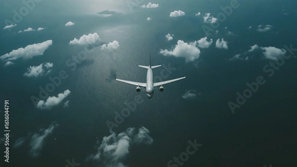 Fototapeta Aerial View of a Commercial Airplane Flying Over the Ocean and Clouds