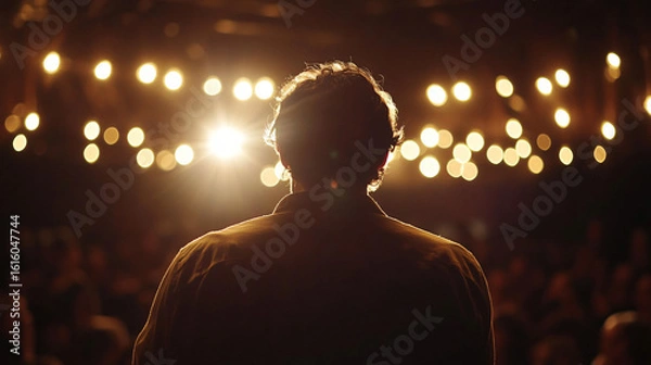 Fototapeta Contemplative man standing alone in a dark room illuminated by a single distant light source
