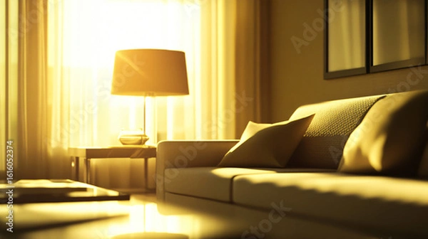 Fototapeta Contemporary living room featuring a comfortable couch and stylish lamp for a cozy ambiance