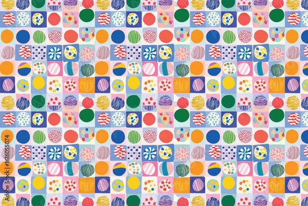 Fototapeta Seamless colorful geometric pattern with playful circles and abstract shapes in a modern vibrant patchwork style.