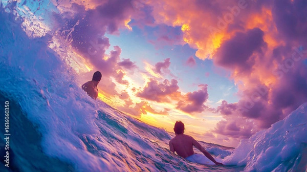 Fototapeta Surfer riding a majestic wave at sunset with vibrant colors and a beautiful ocean backdrop