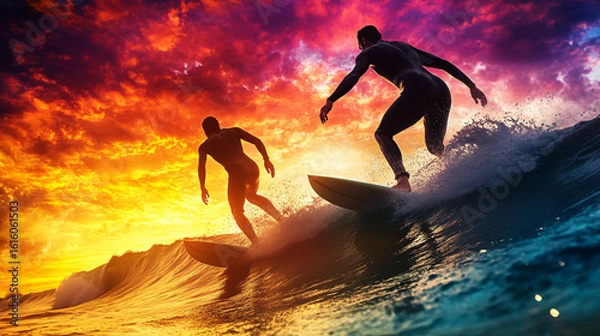 Fototapeta Two surfers riding a massive wave together in an exciting display of skill and teamwork at sea