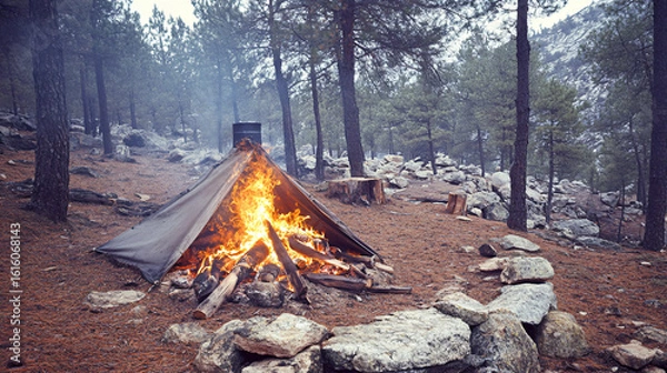 Fototapeta A cozy tent set up in the serene woods surrounded by lush trees and natural beauty