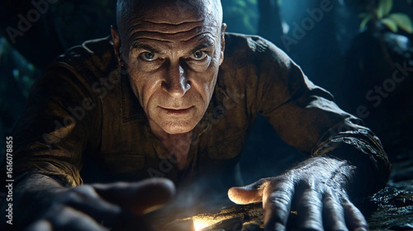 Fototapeta Man holding a lit candle in a dark setting creating a soft glow and mysterious atmosphere