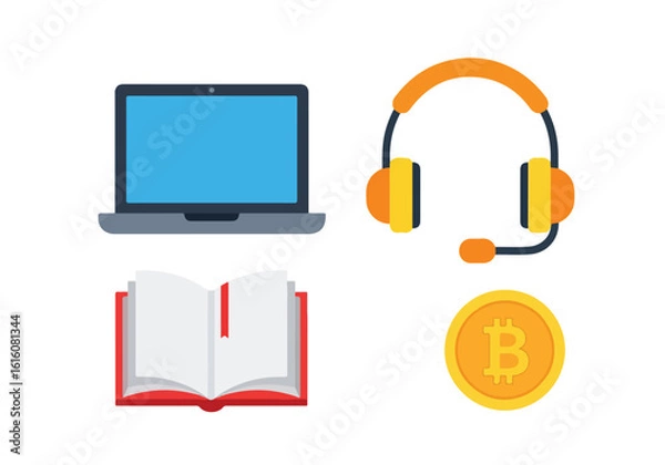 Fototapeta Colorful flat icon set for online business learning and cryptocurrency featuring a laptop headset book and bitcoin.