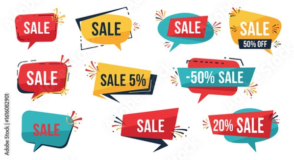 Fototapeta Colorful Sale Banners with Geometric Shapes and Festive Sparkles.