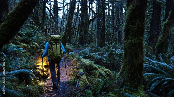 Fototapeta Person walking through a peaceful forest path surrounded by tall trees and natural beauty