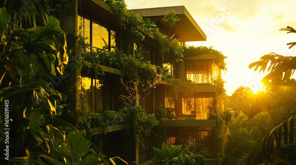 Fototapeta Modern building with lush green plants growing along its walls creating a vibrant urban oasis