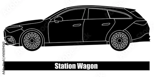 Fototapeta a passenger car that has a long body like a sedan, but with an extended rear (trunk) and a straight roof that extends to the rear.