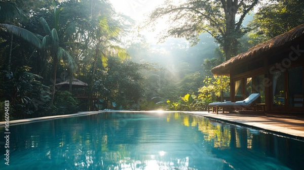 Fototapeta Serene pool surrounded by lush trees with sunlight filtering through leaves creating a tranquil scene