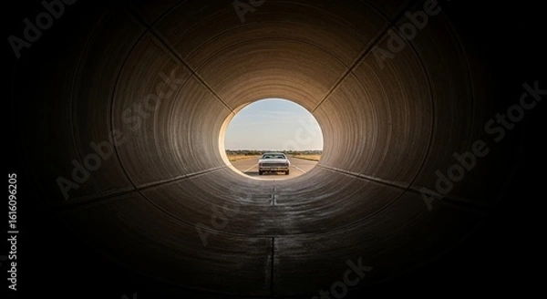 Obraz Tunnel Vision: Classic Car Emerging into Daylight, Unique Perspective, Dramatic Lighting