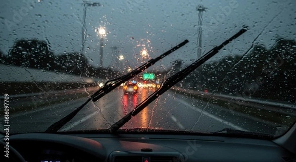 Fototapeta Driving in the Rain: View Through a Car Windshield
