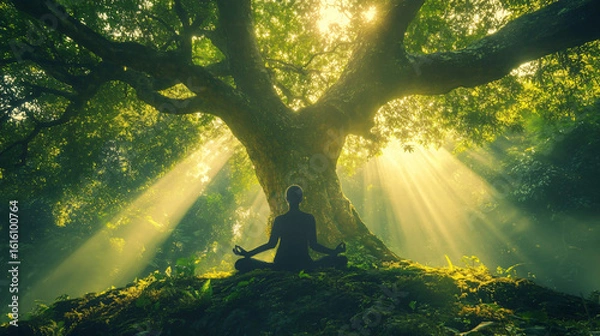 Fototapeta Peaceful individual meditating under a majestic tree surrounded by nature's serenity and calmness
