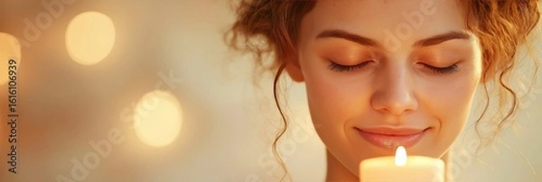 Fototapeta Peaceful young woman holding candle for wellness blog or meditation website, 3:1 banner image in soft warm tones with gentle glow and copy space on the left