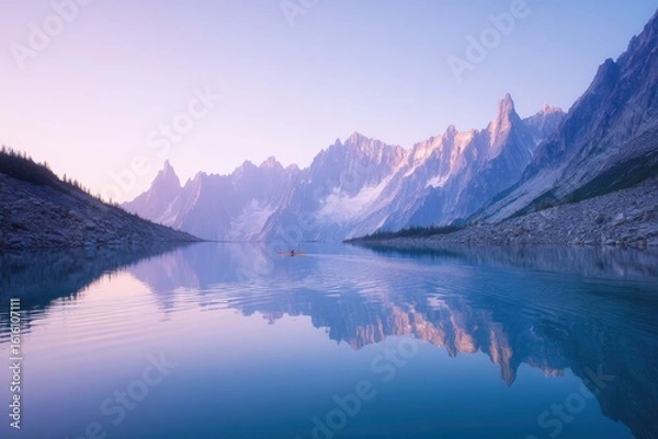 Fototapeta serene alpine lake at dawn mirroring snow peaks and lone kayaker gliding toward rising sun