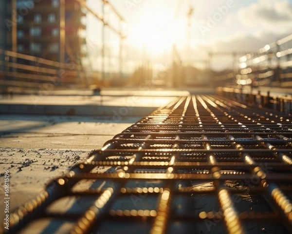 Fototapeta Close-up view of reinforcing steel mesh on a construction site.