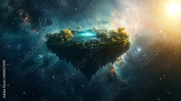 Fototapeta A floating island in space surrounded by cosmic light 