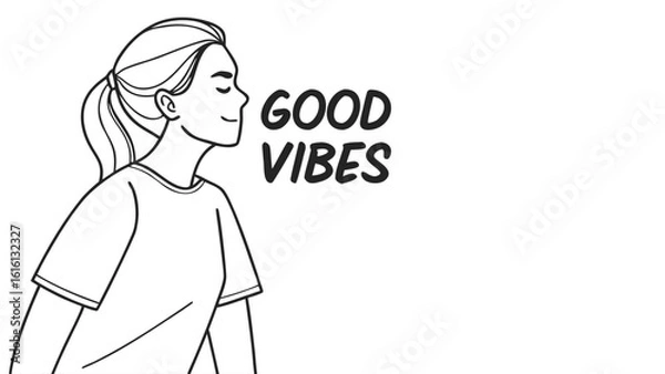 Fototapeta Young woman with eyes closed enjoying good vibes in a simple line art style