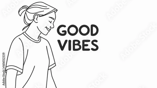 Fototapeta Smiling person with a ponytail and the words good vibes in a minimalist line art style
