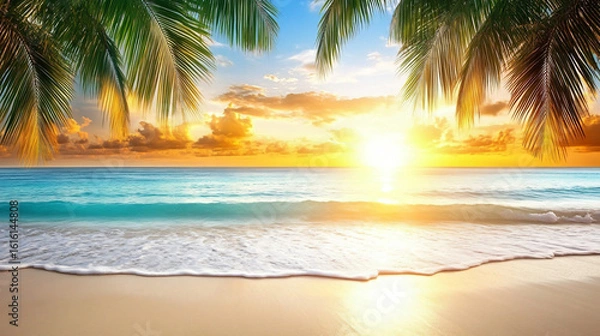 Fototapeta An exquisite tropical beach scene with lush palm trees and crystal clear waters under sunny skies