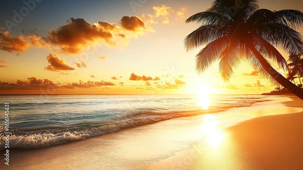 Fototapeta A serene beach landscape with a single palm tree standing tall against the backdrop of clear sky