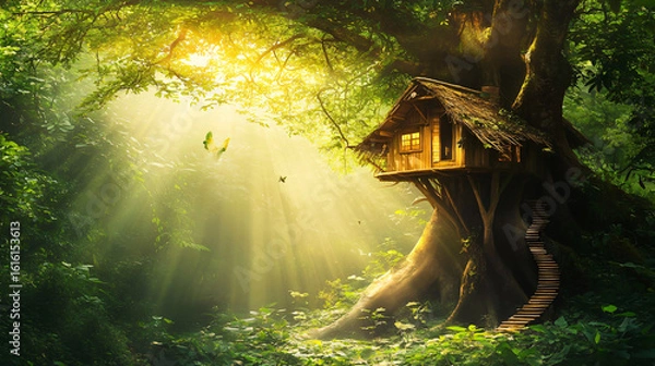 Fototapeta Enchanting tree house nestled among lush green canopy in a serene woodland setting