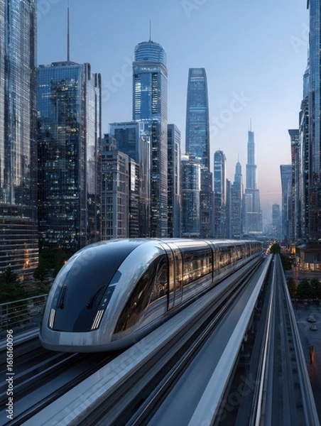 Obraz Futuristic maglev train zipping through a modern city skyline showcasing the latest in high speed rail technology and urban infrastructure. The sleek