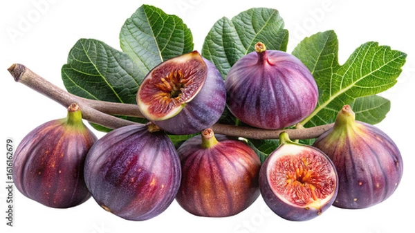 Fototapeta Fresh ripe purple figs with green leaves and a branch isolated on transparent background