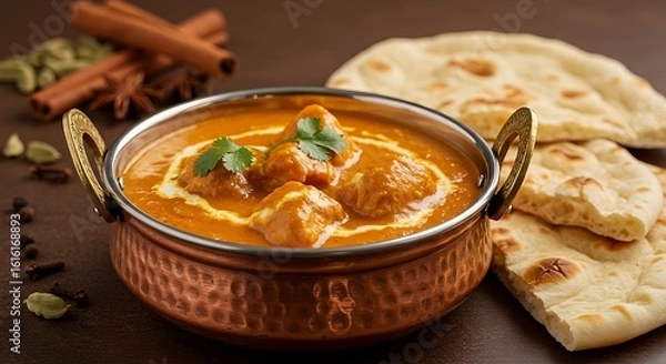 Fototapeta Close up shot of chicken tikka masala with naan bread
