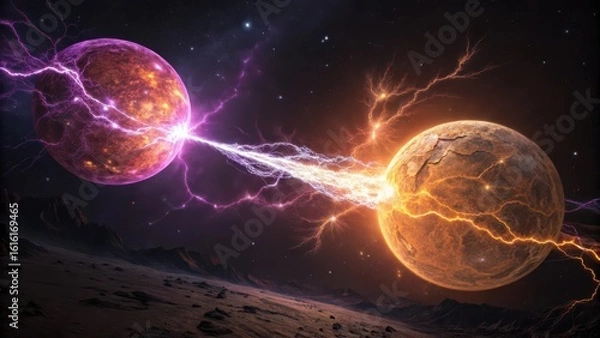 Fototapeta Cosmic collision of planets unleashing electrical energy in deep space